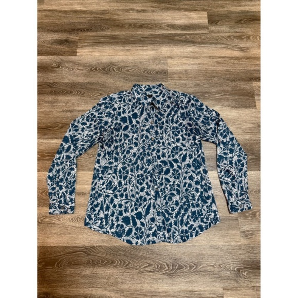 Ann Taylor Blouse Women's M Teal White Floral Print Button Up Shirt‎ Feminine